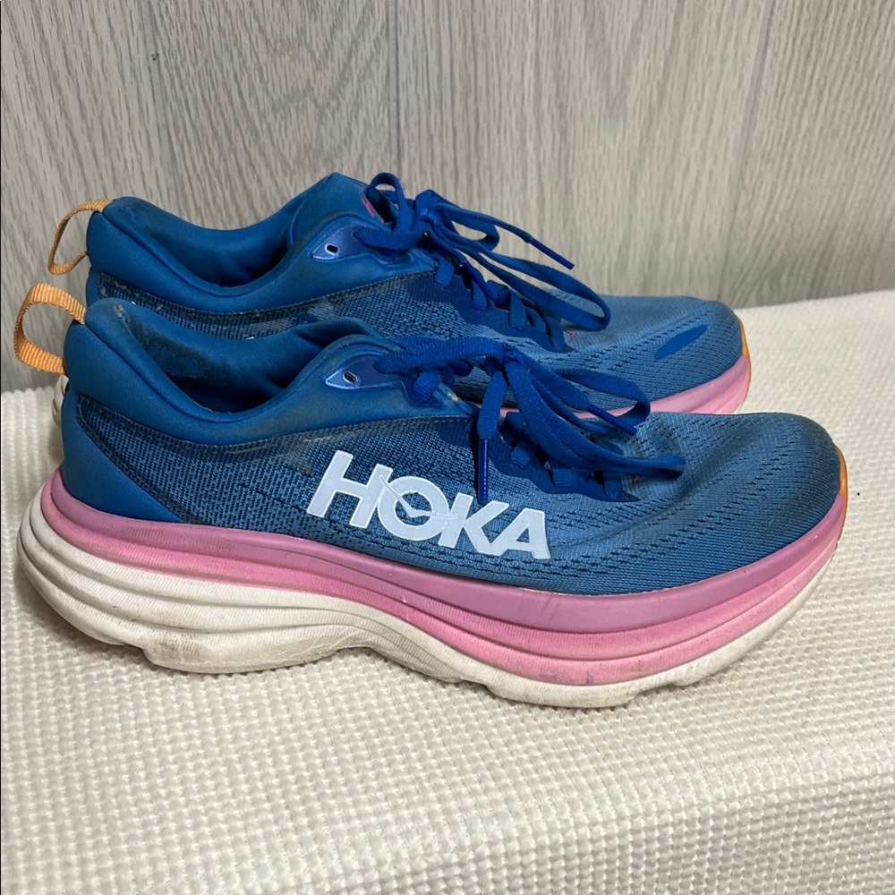 Hoka Women's Bondi 8 Wide Blue and Pink Athletic Shoes Sz 7.5D
